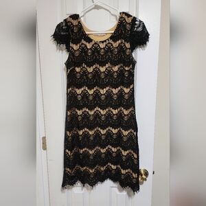 Solitaire Black Lace Dress with Tan Underlayer Size Medium